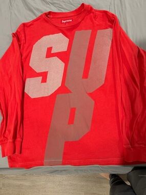 Supreme Red Long Sleeve Tee with Oversized 'SUP' Graphic